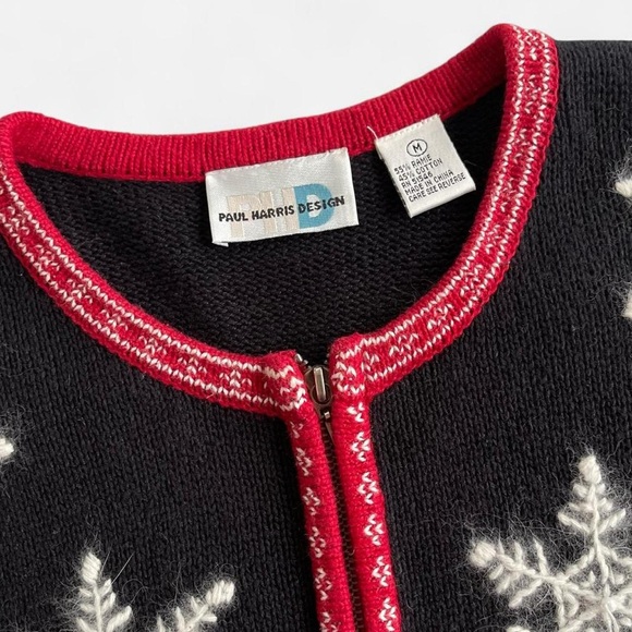 Paul Harris Design Black Knit Red Trim Knit Cardigan  Embroidered Snowflakes M - Picture 3 of 7